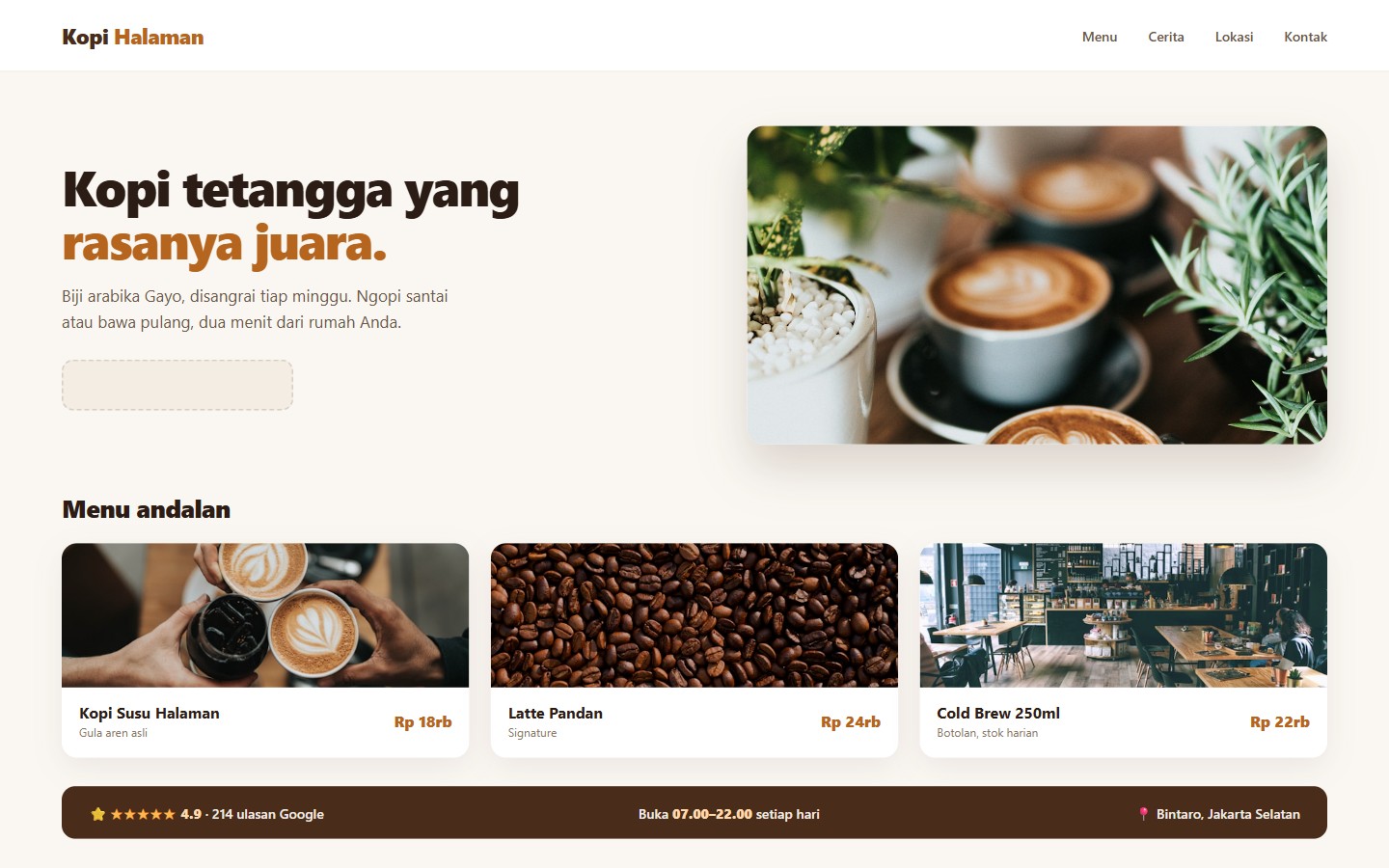 Tahap 3: Harga jelas, pembeli tidak ragu pada contoh website kedai kopi