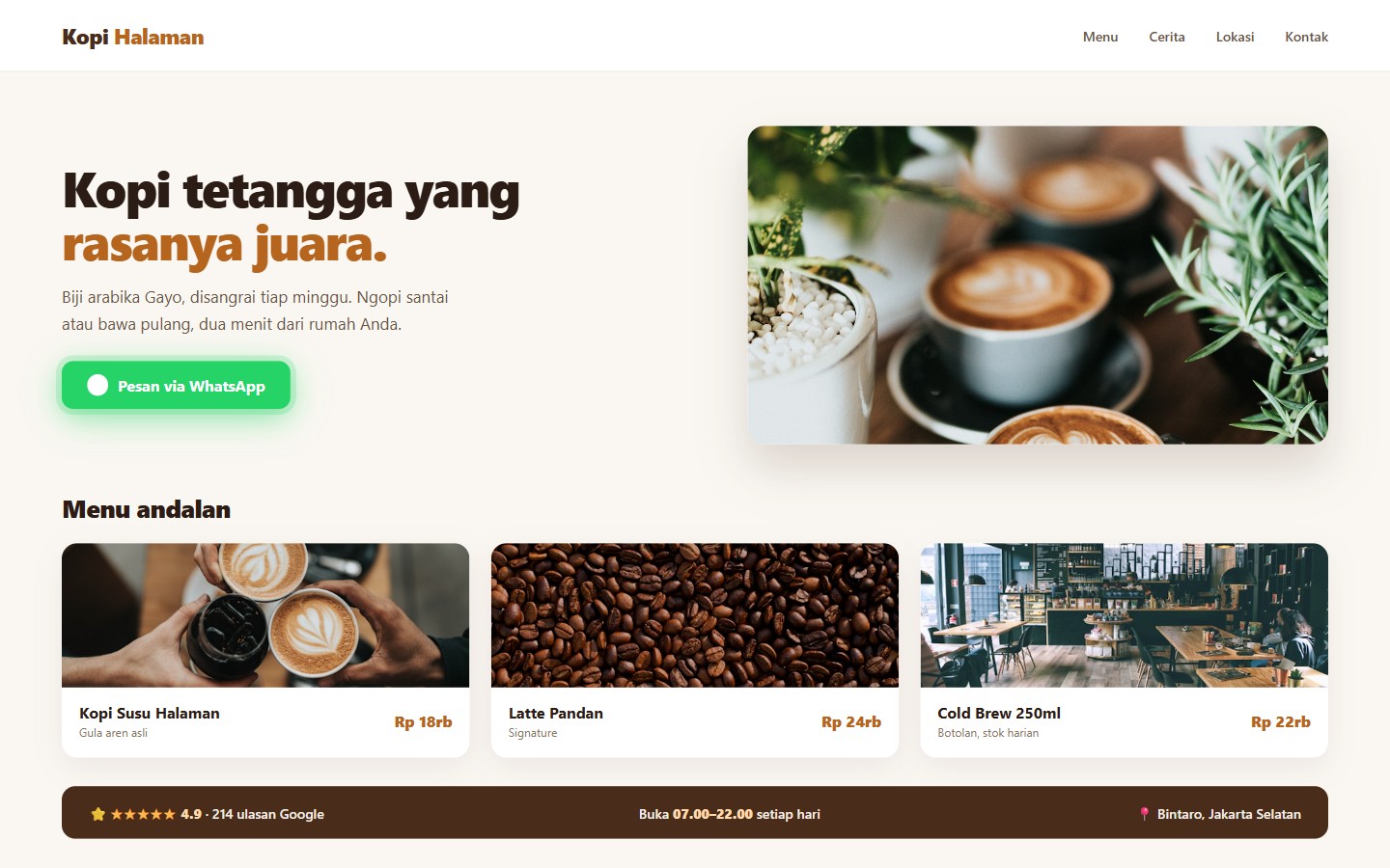 Tahap 4: Satu tombol, langsung ke WhatsApp Anda pada contoh website kedai kopi